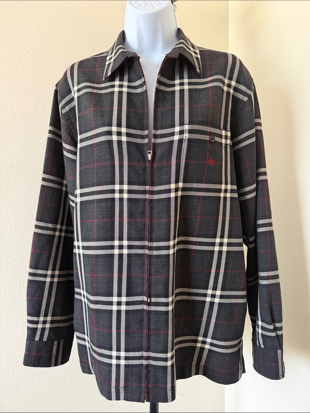 Ralph Lauren Black Plaid Zip-Front Shirt Jacket with Cream and Red Accents